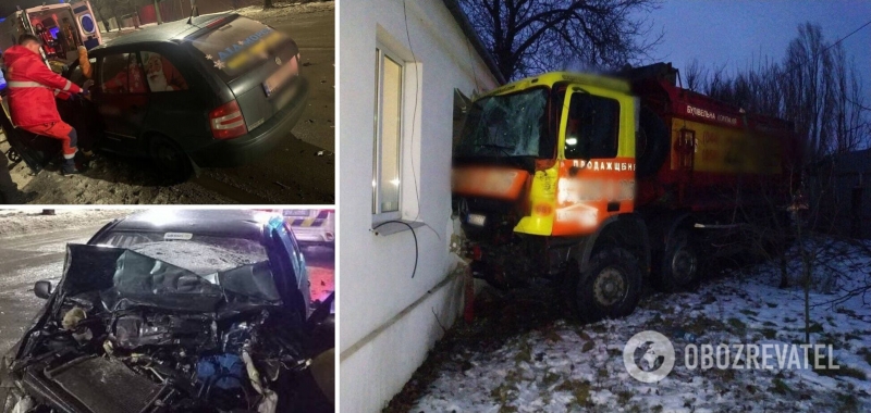 На Киевщине грузовик протаранил легковушку, а потом въехал в дом. Фото и видео