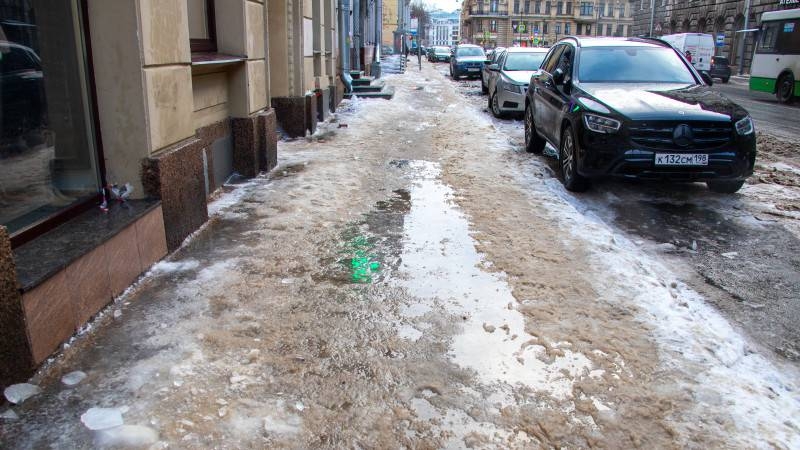 Неубранный снег начал таять на тротуарах Петербурга и превращаться в лужи