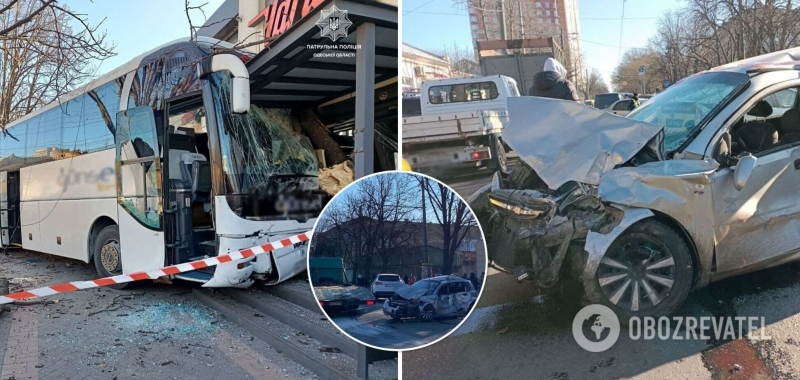 В Одессе автобус с пассажирами после столкновения с четырьмя авто влетел в здание. Фото и видео с места аварии